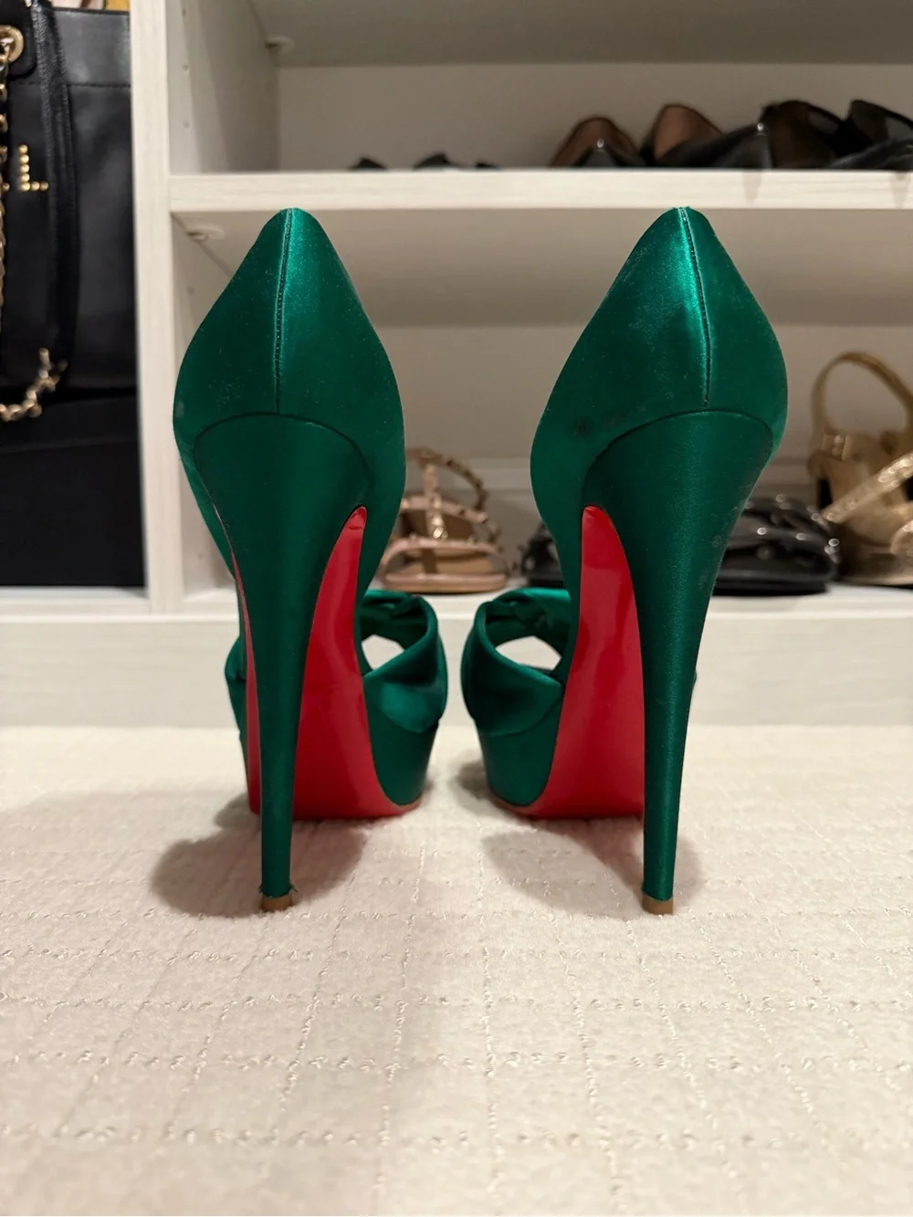 Christian Louboutin Emerald Green Satin Knotted Peep-Toe Platforms